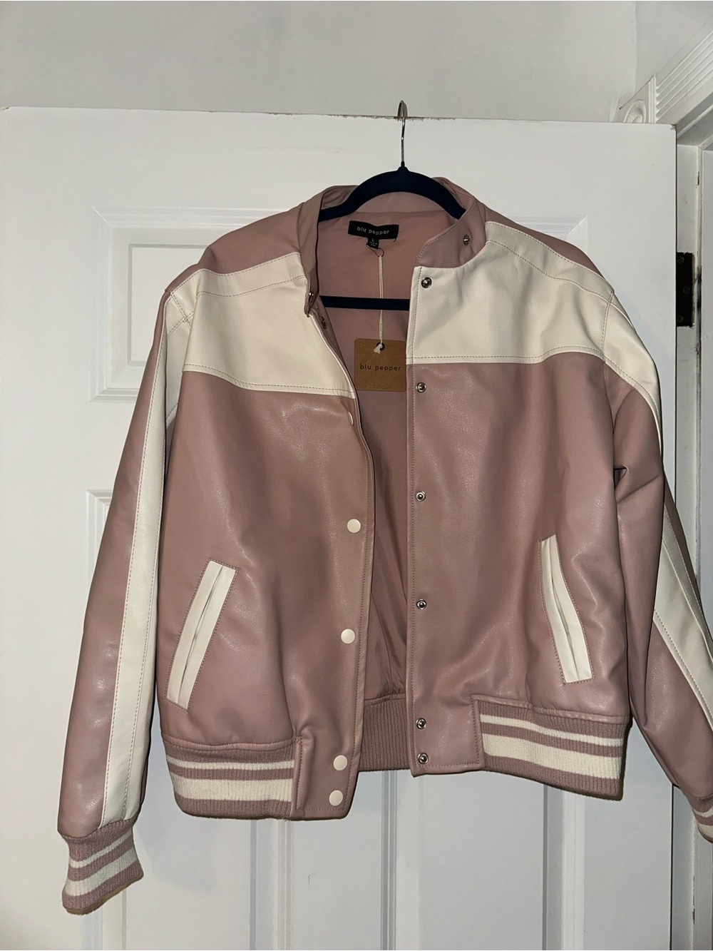 Blu Pepper Dusty Rose and Cream Faux Leather Bomber Jacket